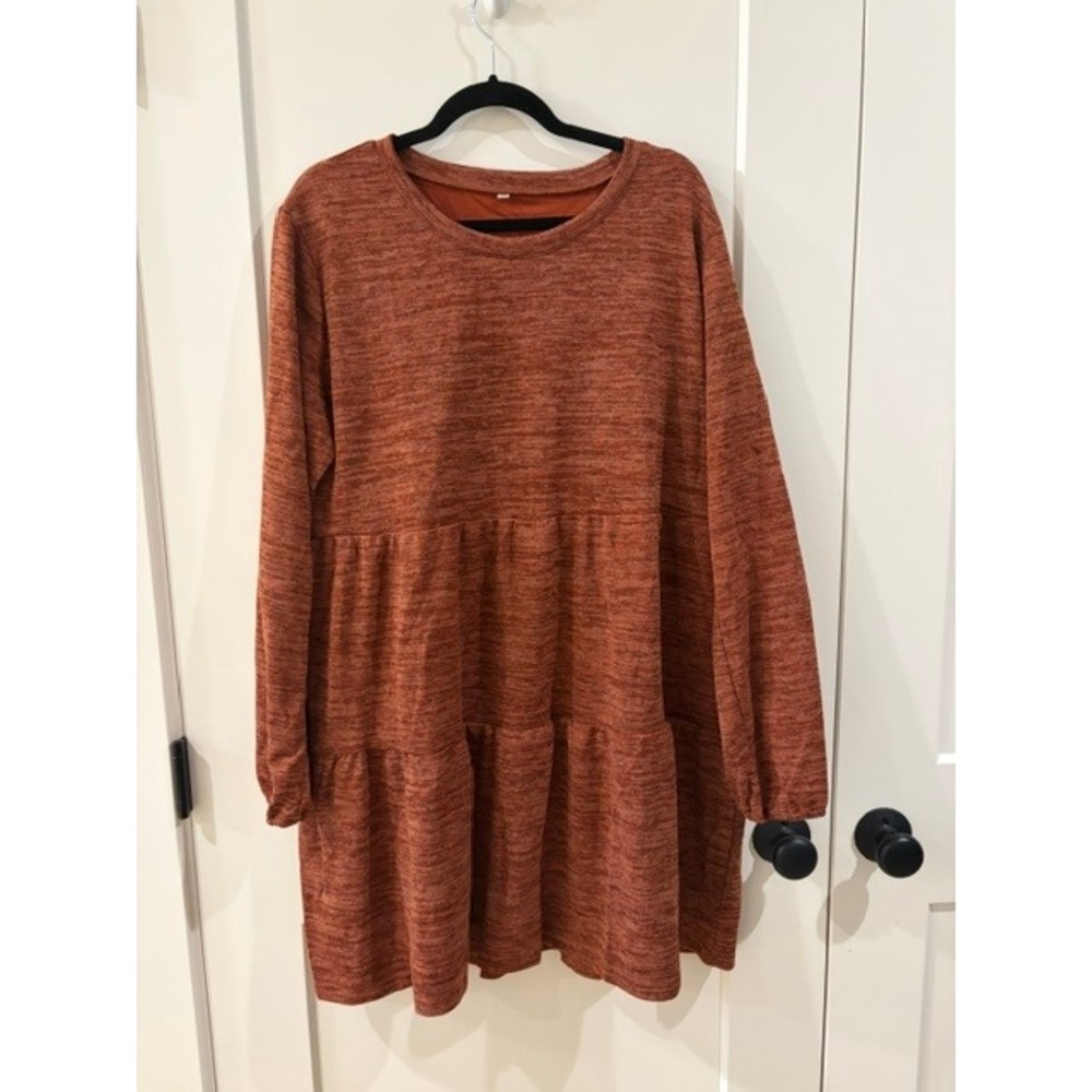 Rust Orange Space Dye Tiered Babydoll Mini Dress Long Sleeve 2XL